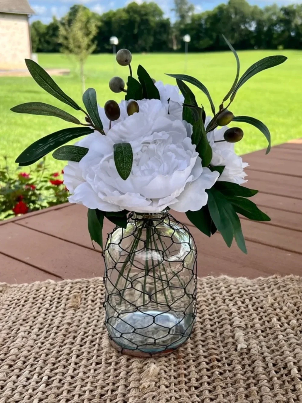 Glass Bottle Vase & Boxwood Floral Stems